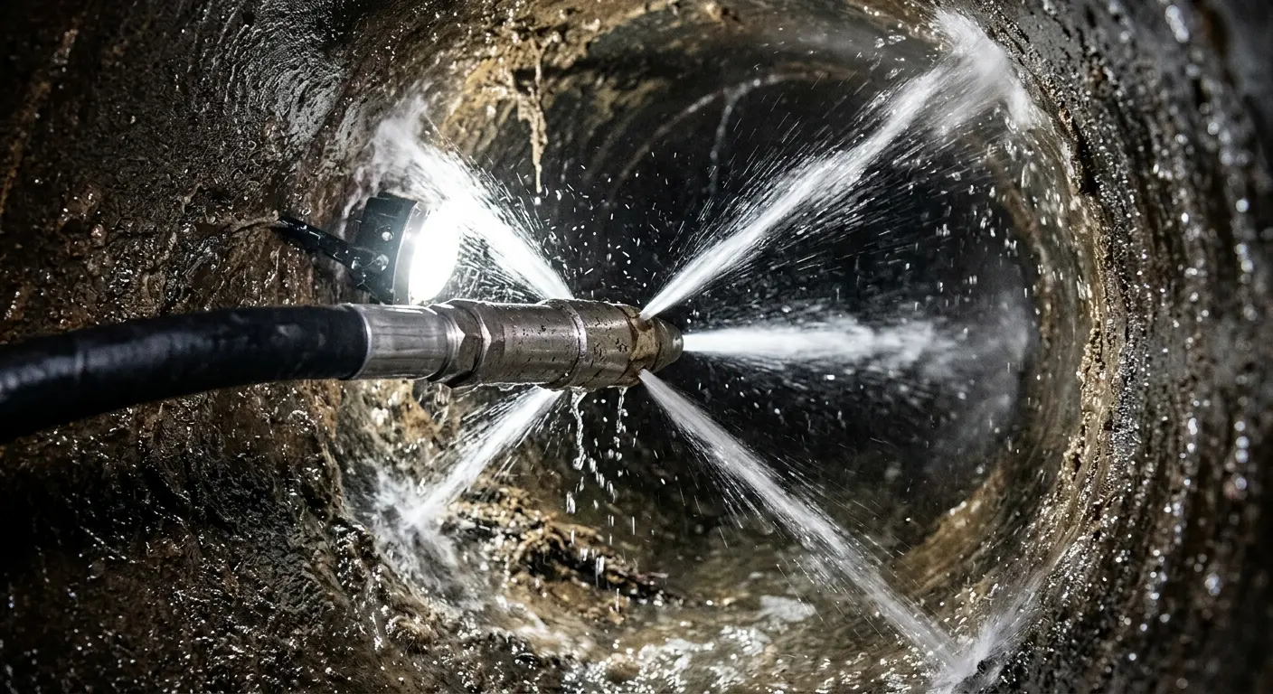 High-pressure hydro jetting nozzle cleaning sewer pipe for Emergency Drain Service in Coconut Creek