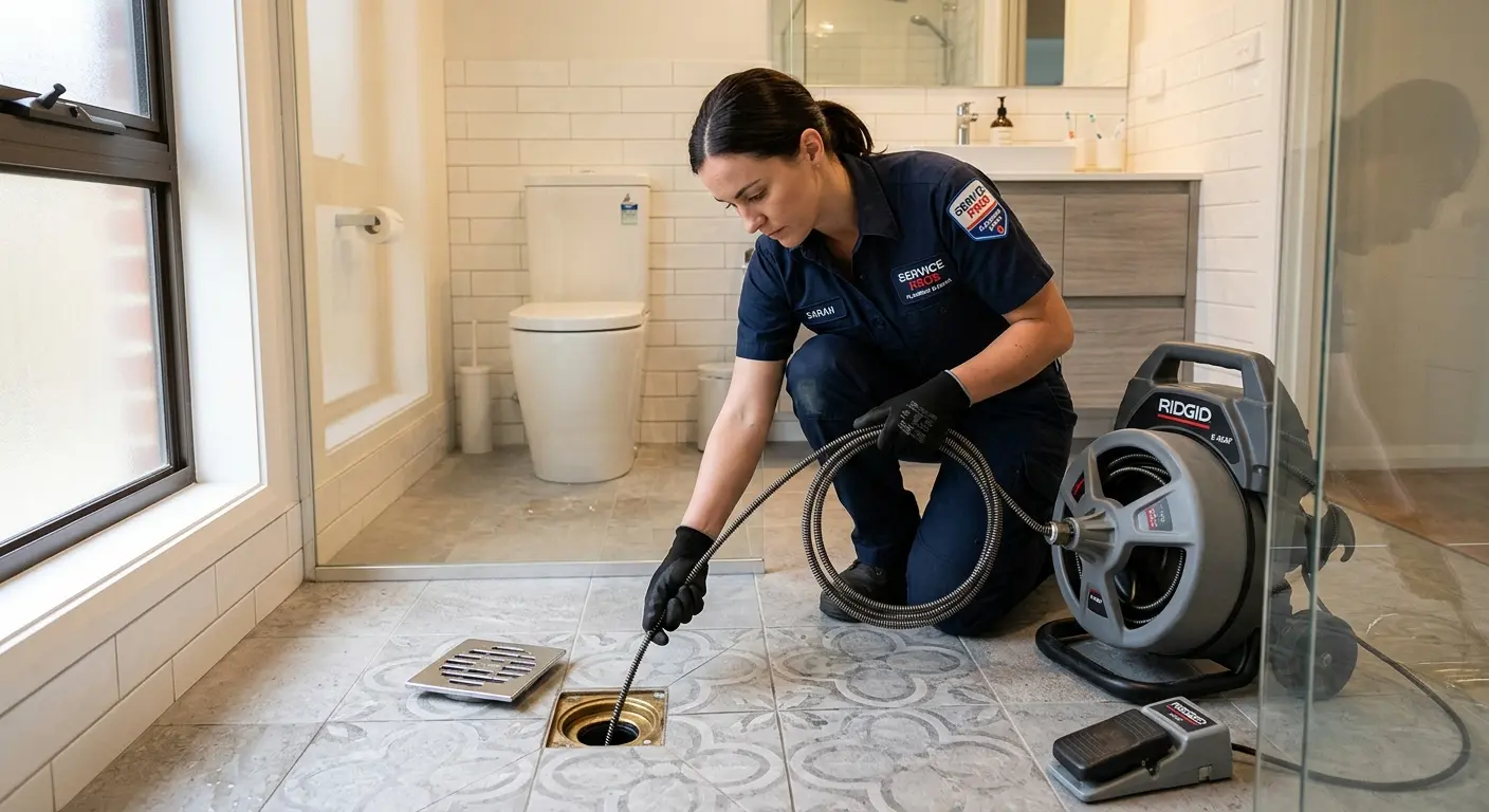 Technician clearing a bathroom floor drain for Drain Repair in Coconut Creek